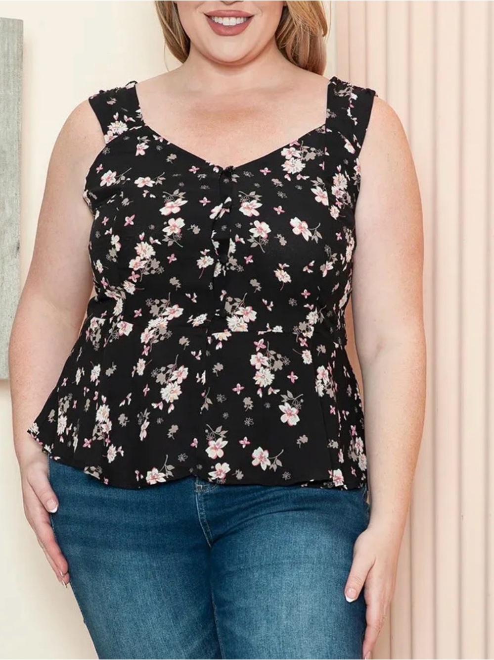ZENOBIA NWT Floral Print Sweetheart Neckline Peplum Sleeveless Top size 1XL